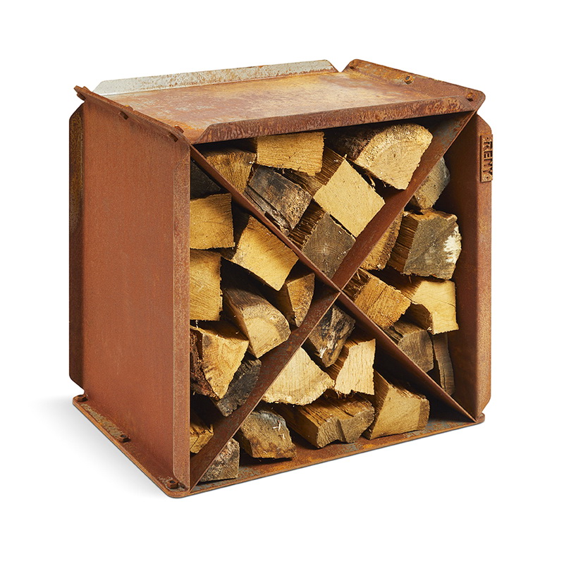 BloX Holzlager-Sitzhocker aus Cortenstahl