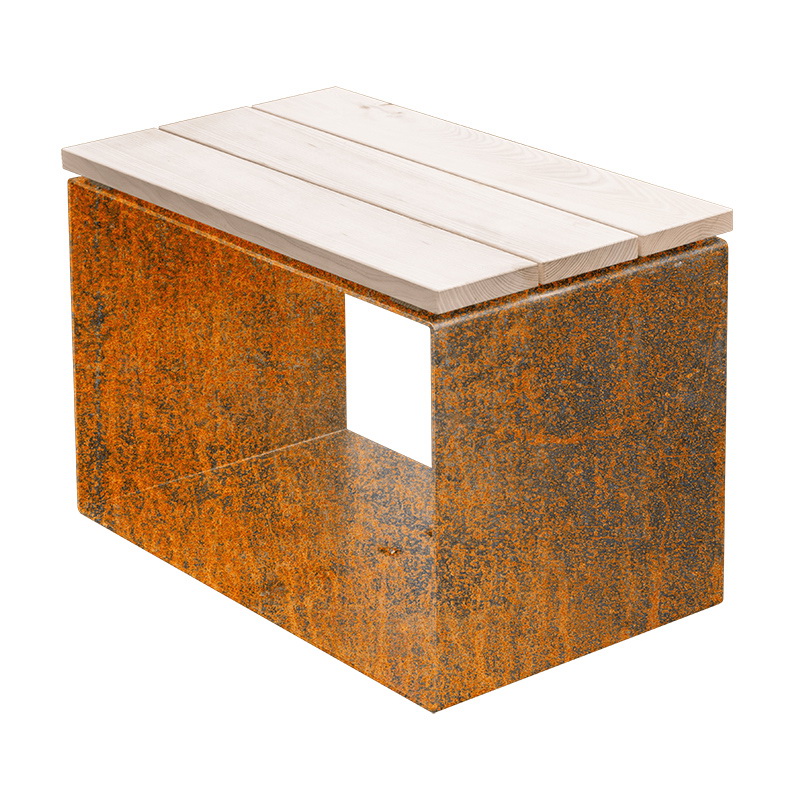 Holzlagersitzmöbel Kuutio aus Cortenstahl